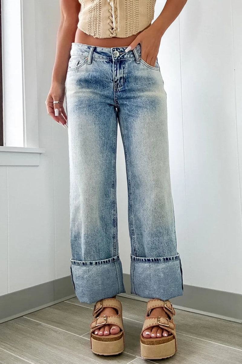 Washed Wide Leg Jeans with Pockets - CELIVINE