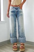 Washed Wide Leg Jeans with Pockets - CELIVINE