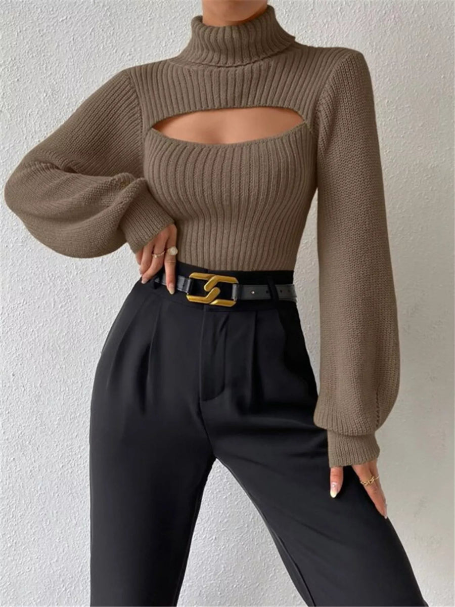 Cutout Front Turtleneck Long Sleeve Sweater - CELIVINE