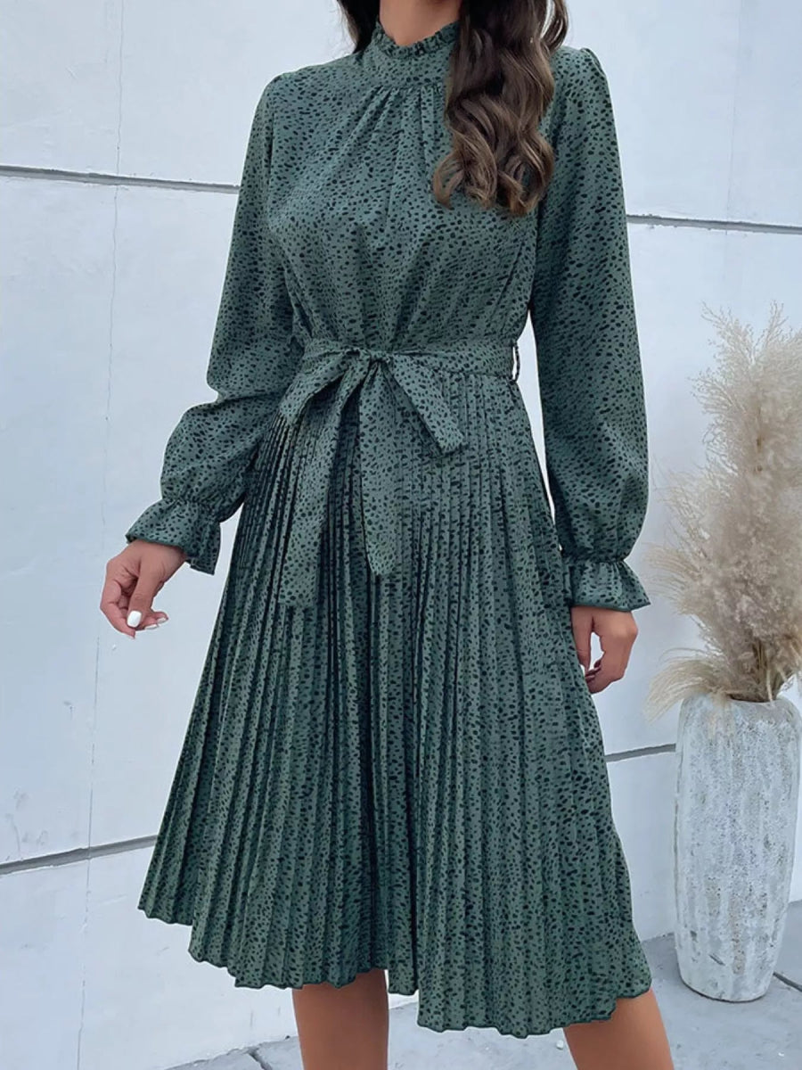 Animal Print Mock Neck Flounce Sleeve Dress - CELIVINE