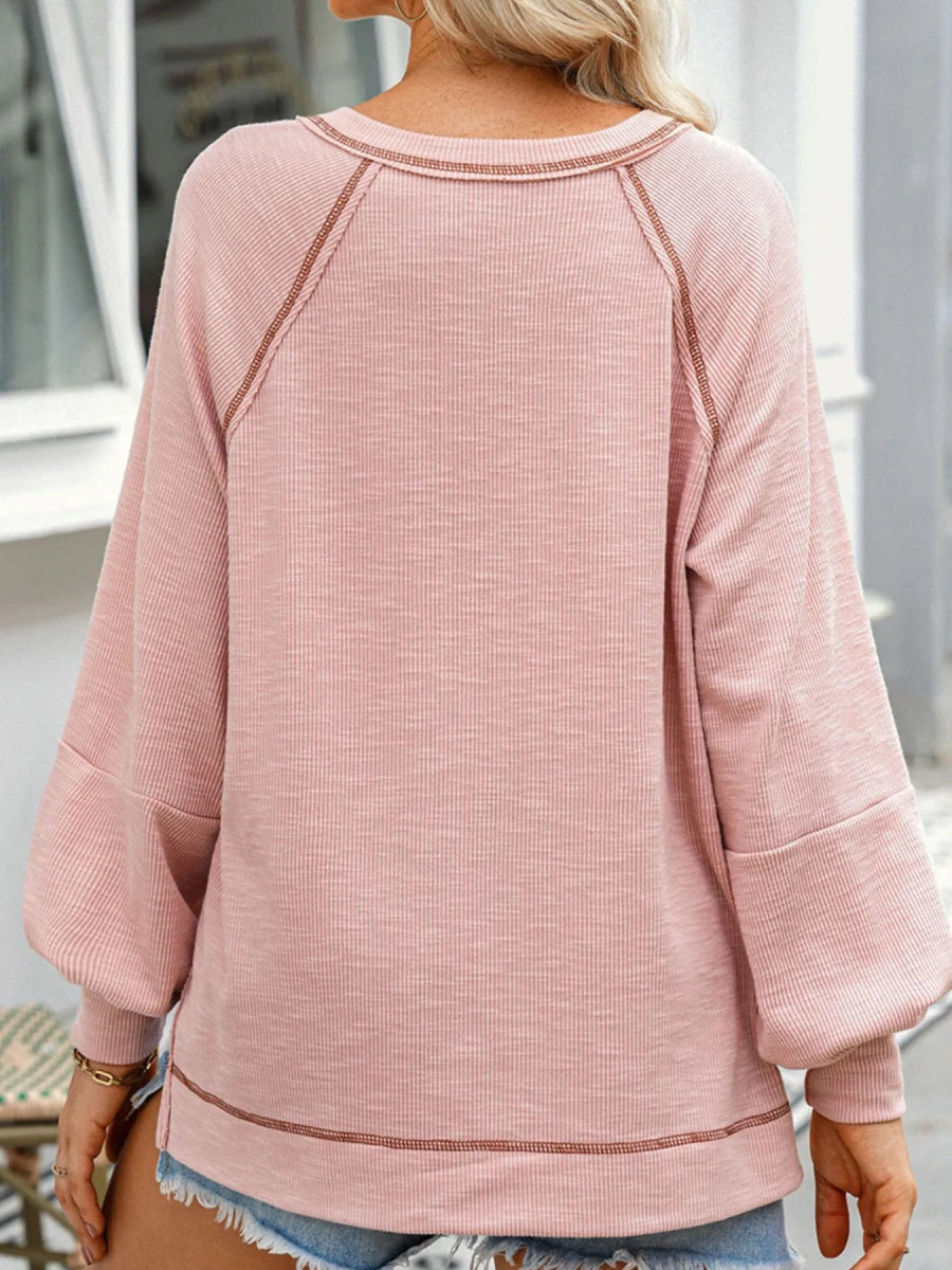 Exposed Seam Ribbed Knit V Neck Top - CELIVINE