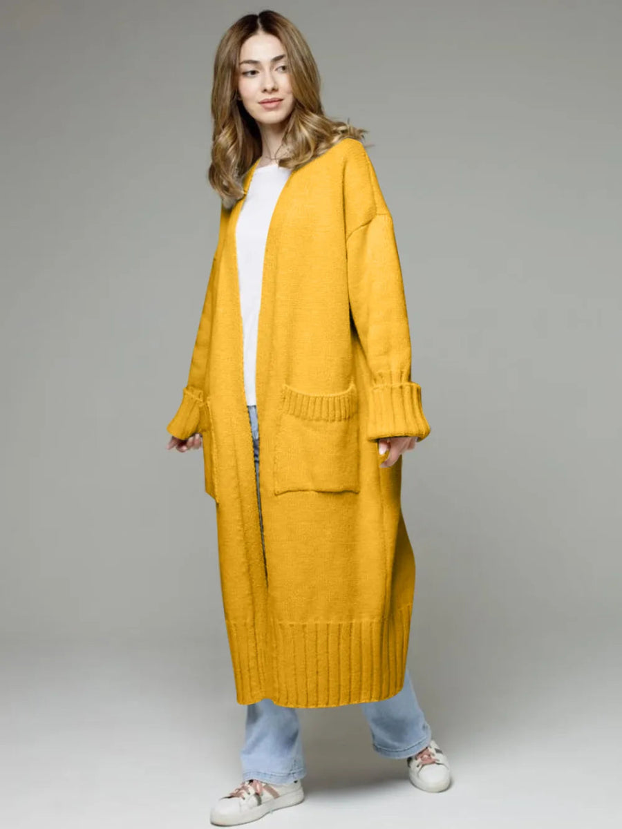 Pocketed Open Front Dropped Shoulder Cardigan - CELIVINE