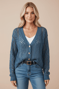 Openwork Button Up Long Sleeve Cardigan - CELIVINE