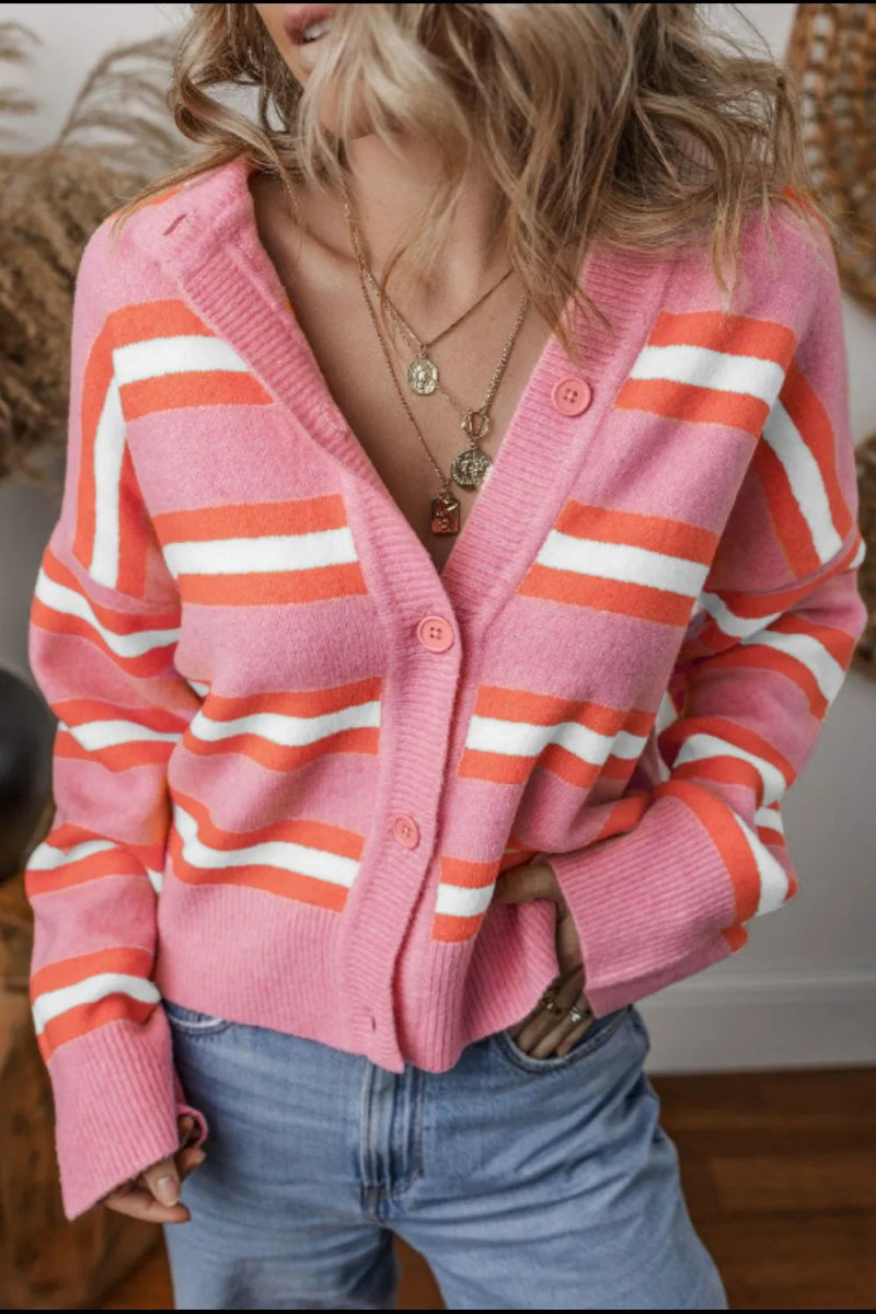 Striped Button Down Long Sleeve Cardigan - CELIVINE