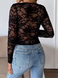 Long Sleeve Floral Lace Mesh Cropped Top - CELIVINE
