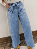 High Waisted Wide Leg Belted Jeans - CELIVINE