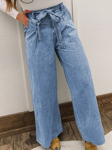 High Waisted Wide Leg Belted Jeans - CELIVINE
