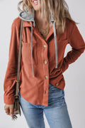Drawstring Button Up Long Sleeve Hooded Jacket - CELIVINE