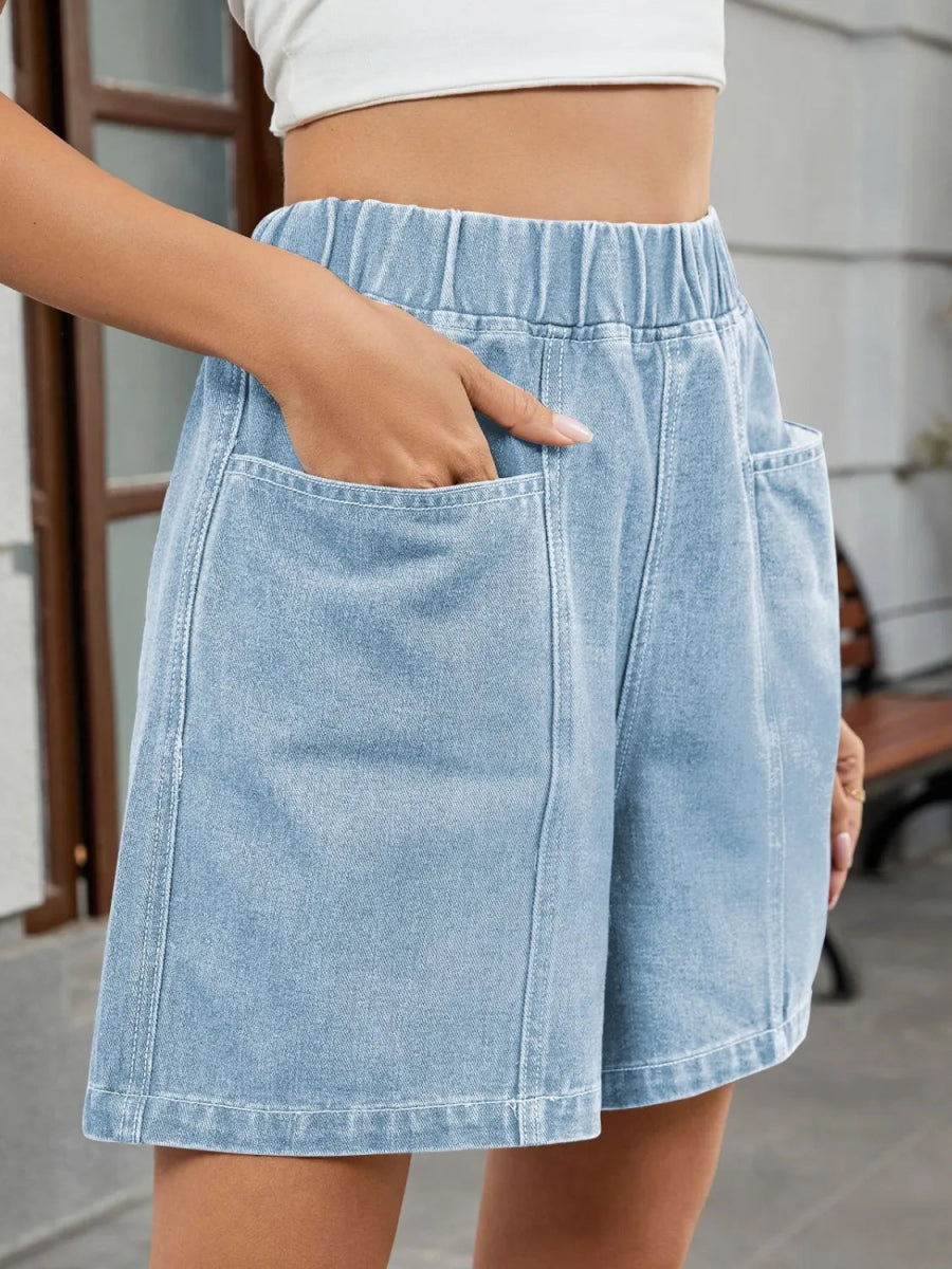 Elastic Waist Denim Shorts - CELIVINE