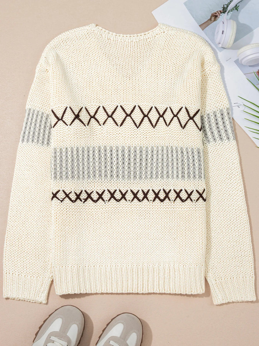 Contrast Stitch Detail V Neck Drop Shoulder Sweater - CELIVINE