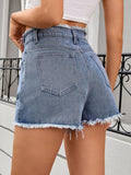 Washed Raw Hem Denim Shorts - CELIVINE