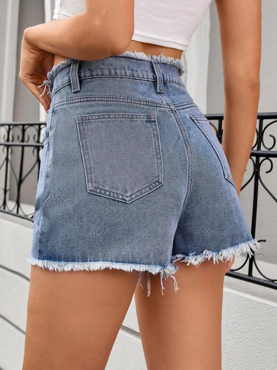 Washed Raw Hem Denim Shorts - CELIVINE