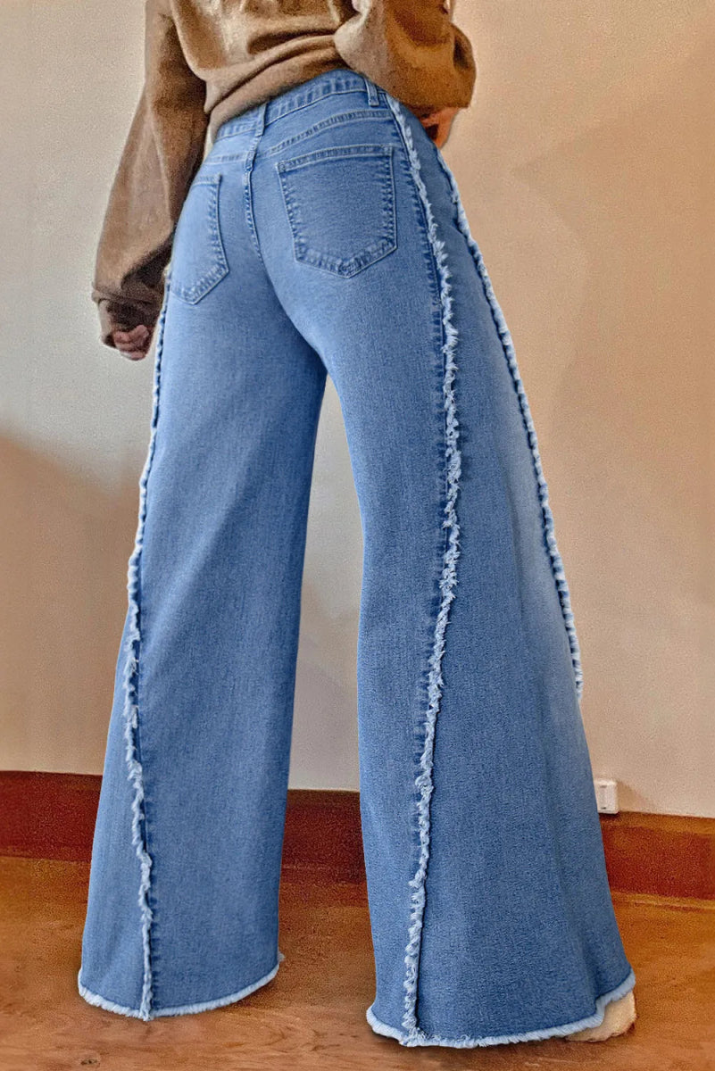 Raw Hem Wide Leg Jeans with Pockets - CELIVINE