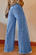 Raw Hem Wide Leg Jeans with Pockets - CELIVINE