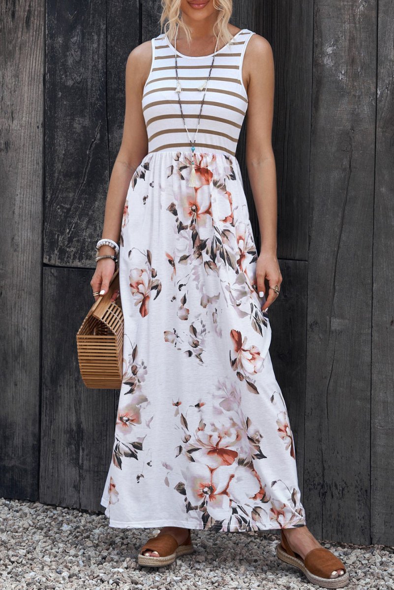 Striped Floral Round Neck Sleeveless Maxi Dress - CELIVINE