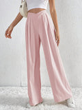 V - Waisted Ruched Front Wide Leg Pants - CELIVINE
