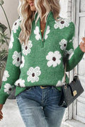 Flower Half Zip Long Sleeve Sweater - CELIVINE