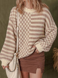 Stripe Checkerboard Drop Shoulder Balloon Sleeve Sweater - CELIVINE