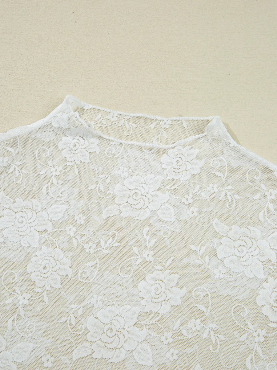 Sheer Floral Lace Mesh Mock Neck Long Sleeve Top - CELIVINE