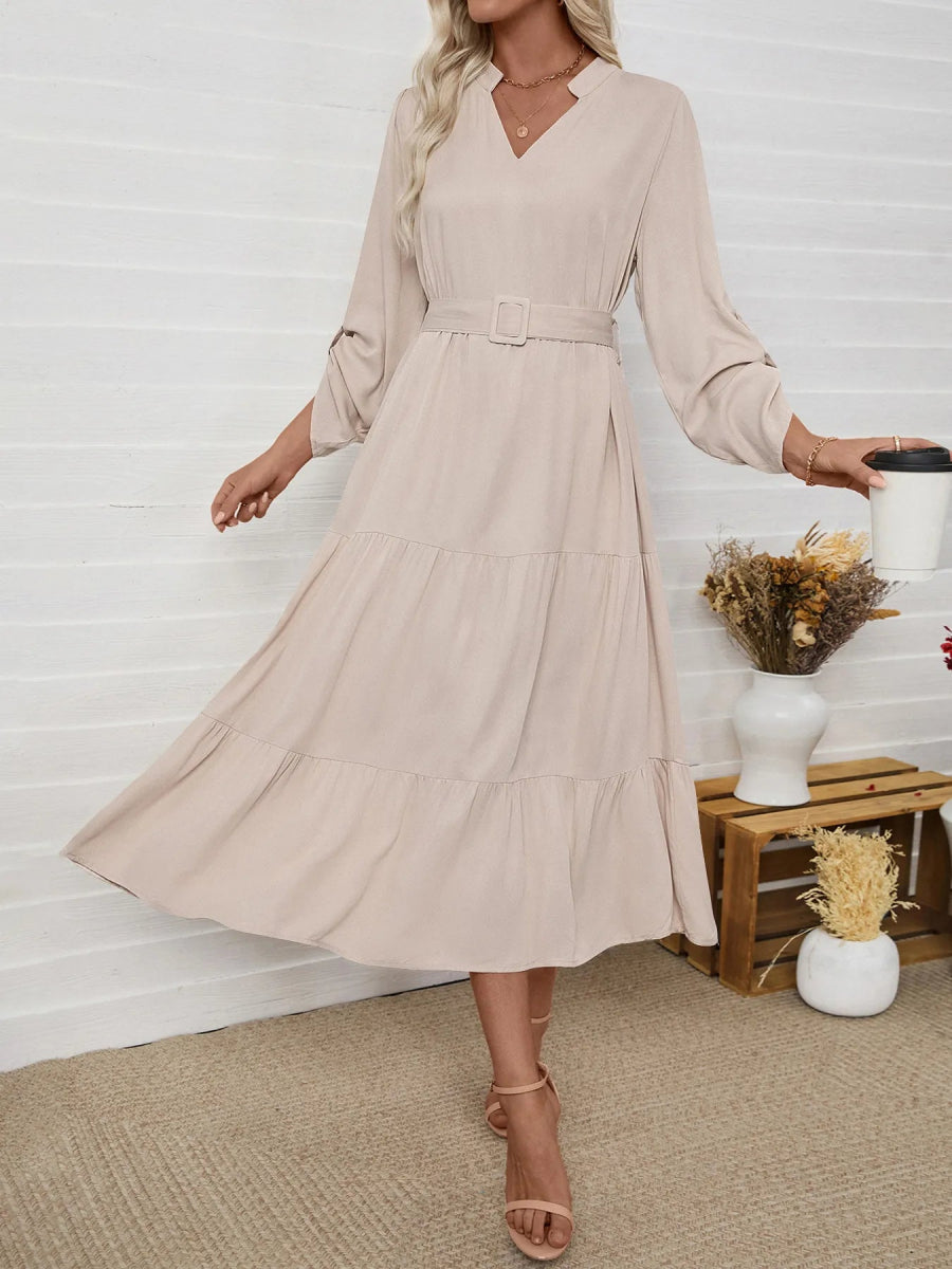 Tiered Notched Belted Midi Dress - CELIVINE