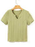 Textured Knit Slim Fit Notch V Neck Top - CELIVINE
