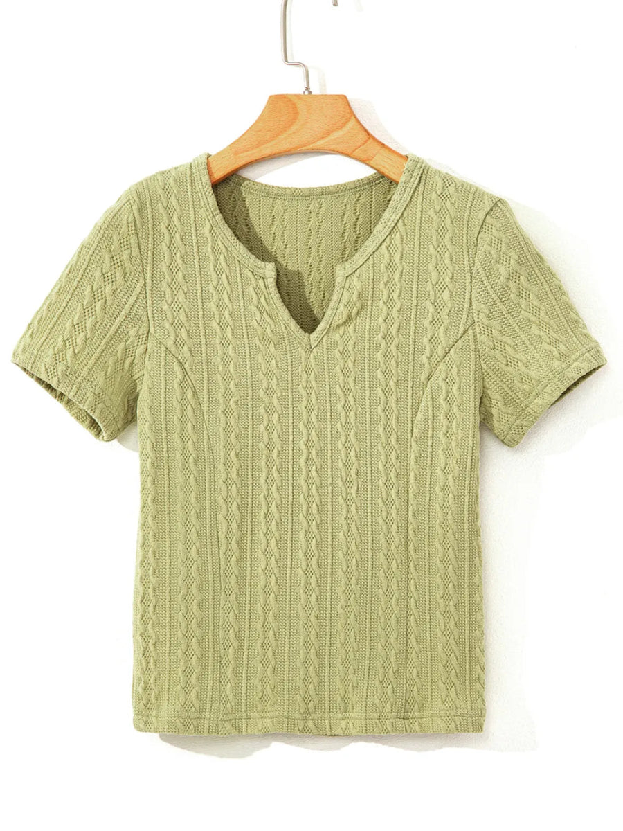 Textured Knit Slim Fit Notch V Neck Top - CELIVINE