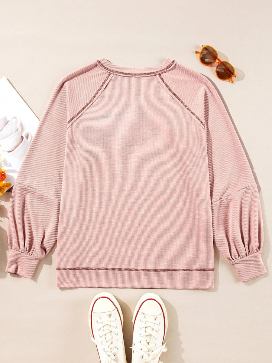 Exposed Seam Ribbed Knit V Neck Top - CELIVINE