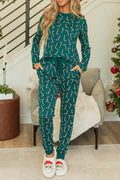 Candy Cane Print Round Neck Top and Pants Lounge Set - CELIVINE