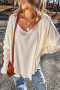 Exposed Seam Round Neck Long Sleeve Blouse - CELIVINE