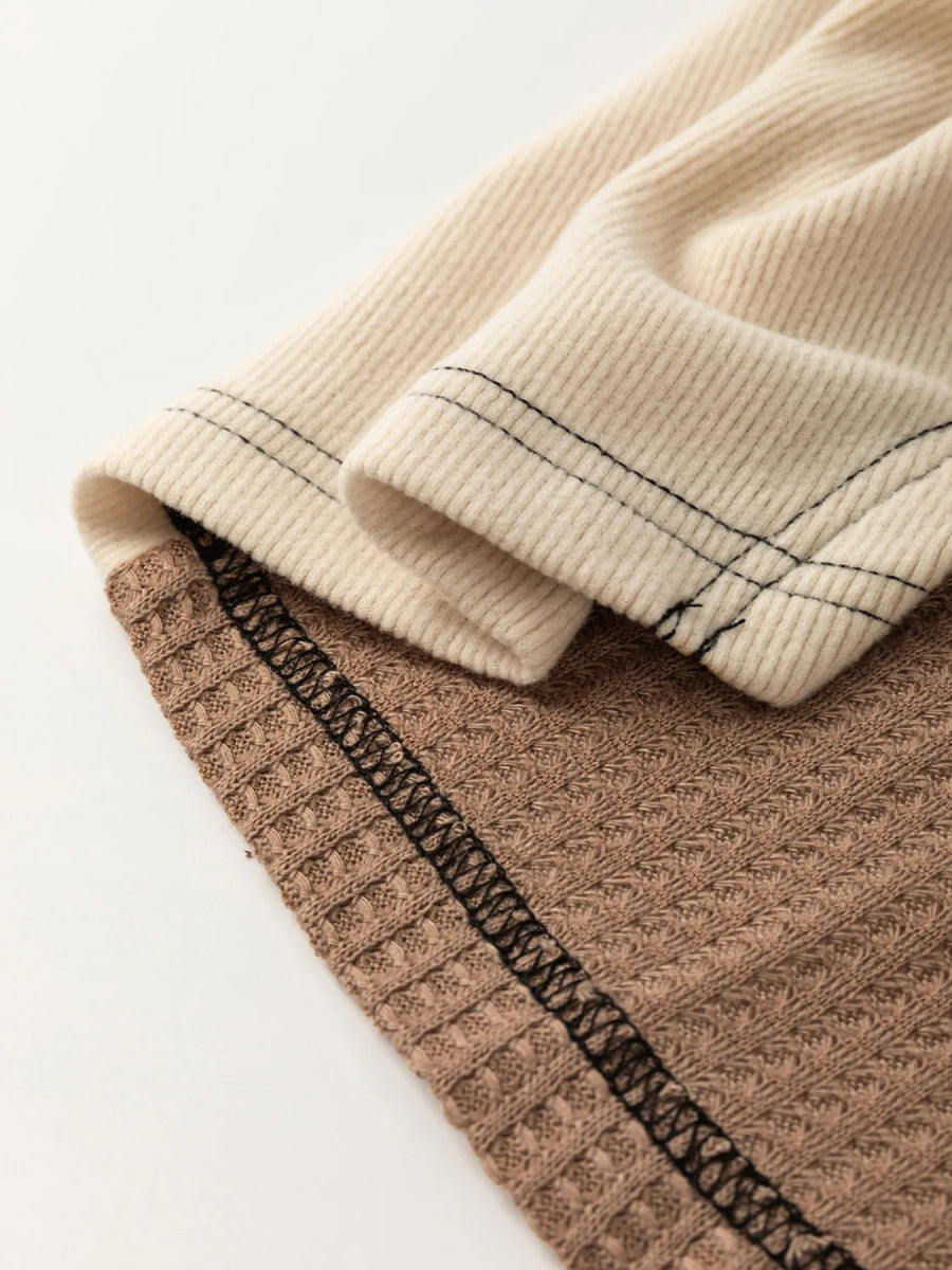 Color Block Waffle Knit Stitch Detail Long Sleeve Top - CELIVINE
