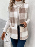 Plaid Sherpa Vest Coat with Pockets - CELIVINE