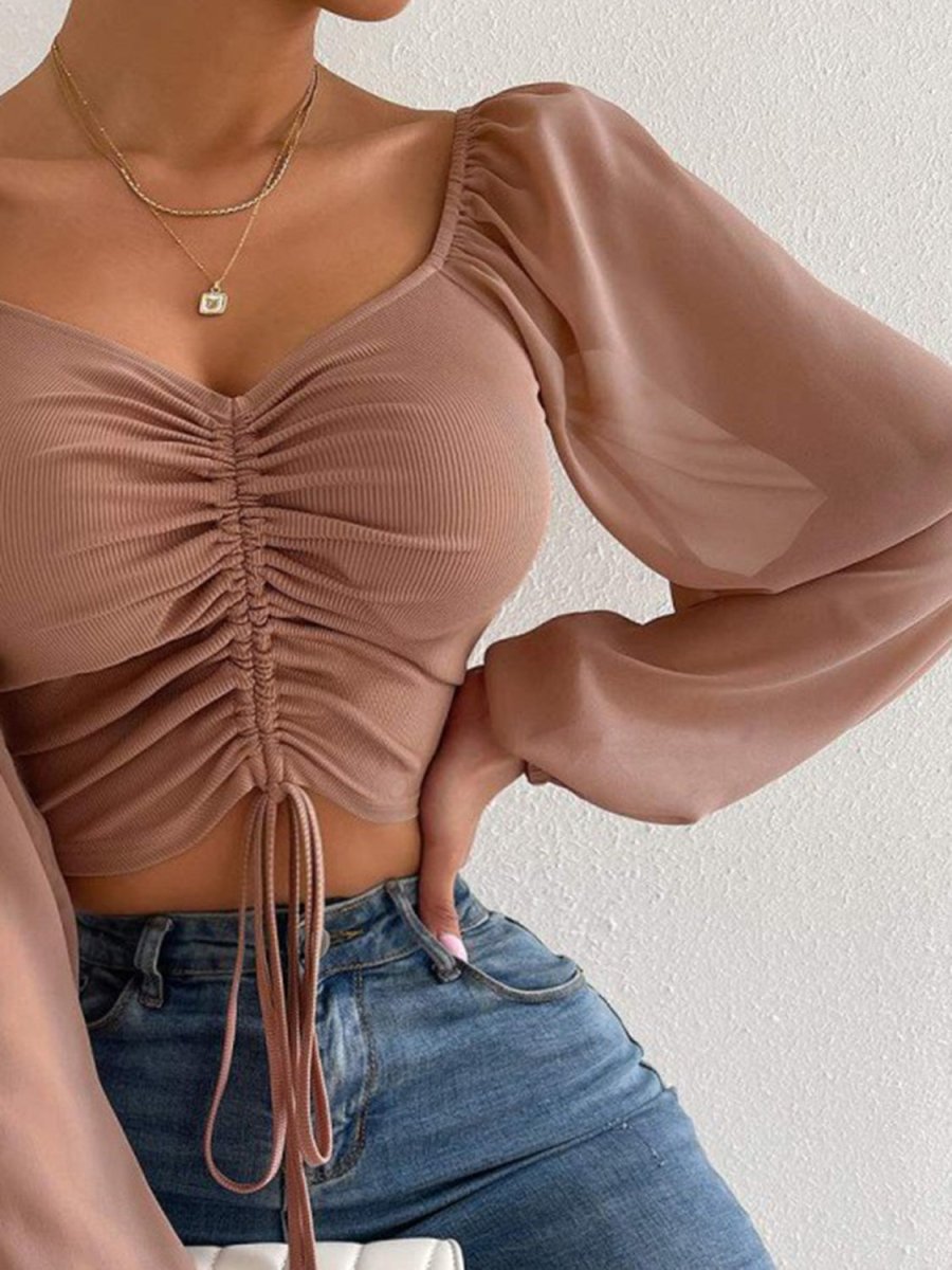 Drawstring Sweetheart Neck Cropped Top - CELIVINE