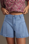 Pleated Patchwork Panel Lightweight Denim Shorts - CELIVINE