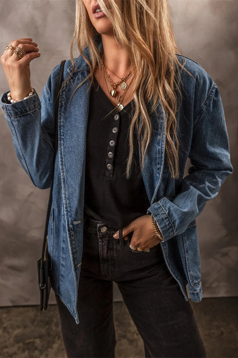Pocketed Long Sleeve Denim Jacket - CELIVINE