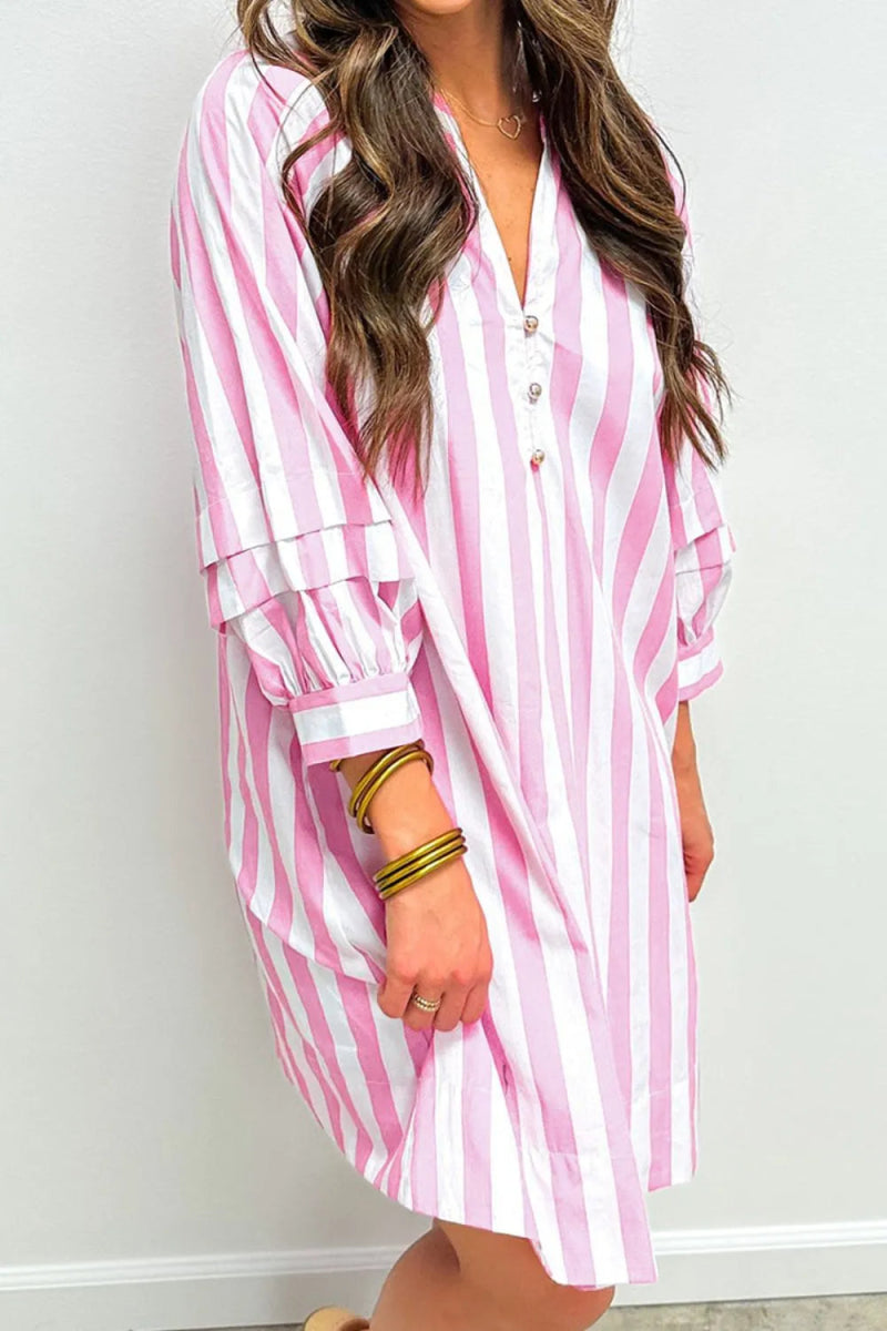 Striped Notched Mini Dress - CELIVINE