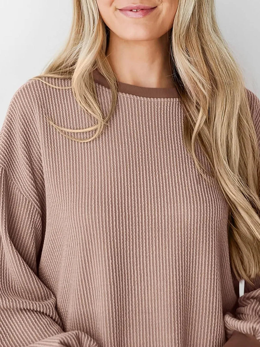 Round Neck Drop Shoulder Long Sleeve Sweatshirt - CELIVINE