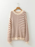 Stripe Checkerboard Drop Shoulder Balloon Sleeve Sweater - CELIVINE