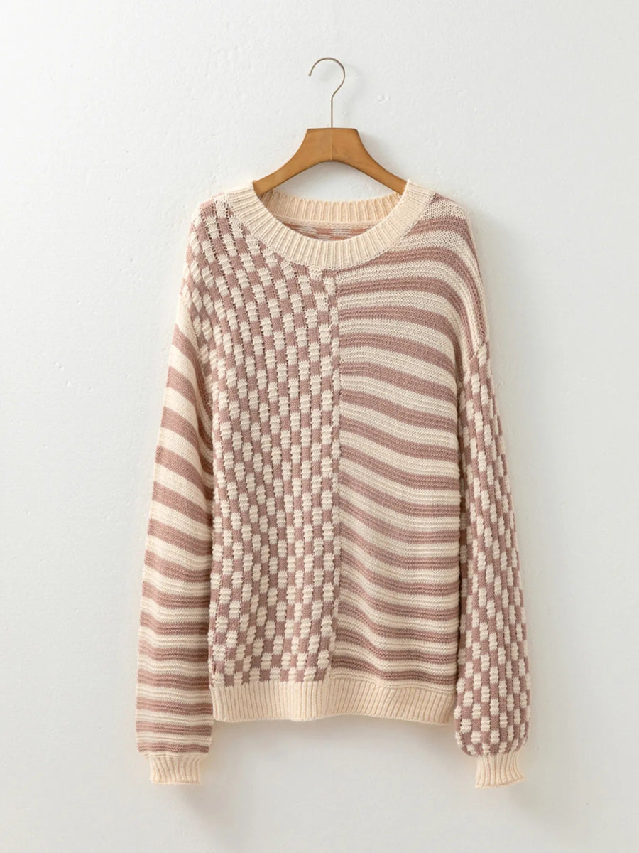 Stripe Checkerboard Drop Shoulder Balloon Sleeve Sweater - CELIVINE