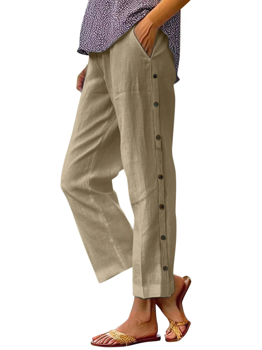 Full Size Side Decor Button Casual Wide Leg Pants Plus Size - CELIVINE