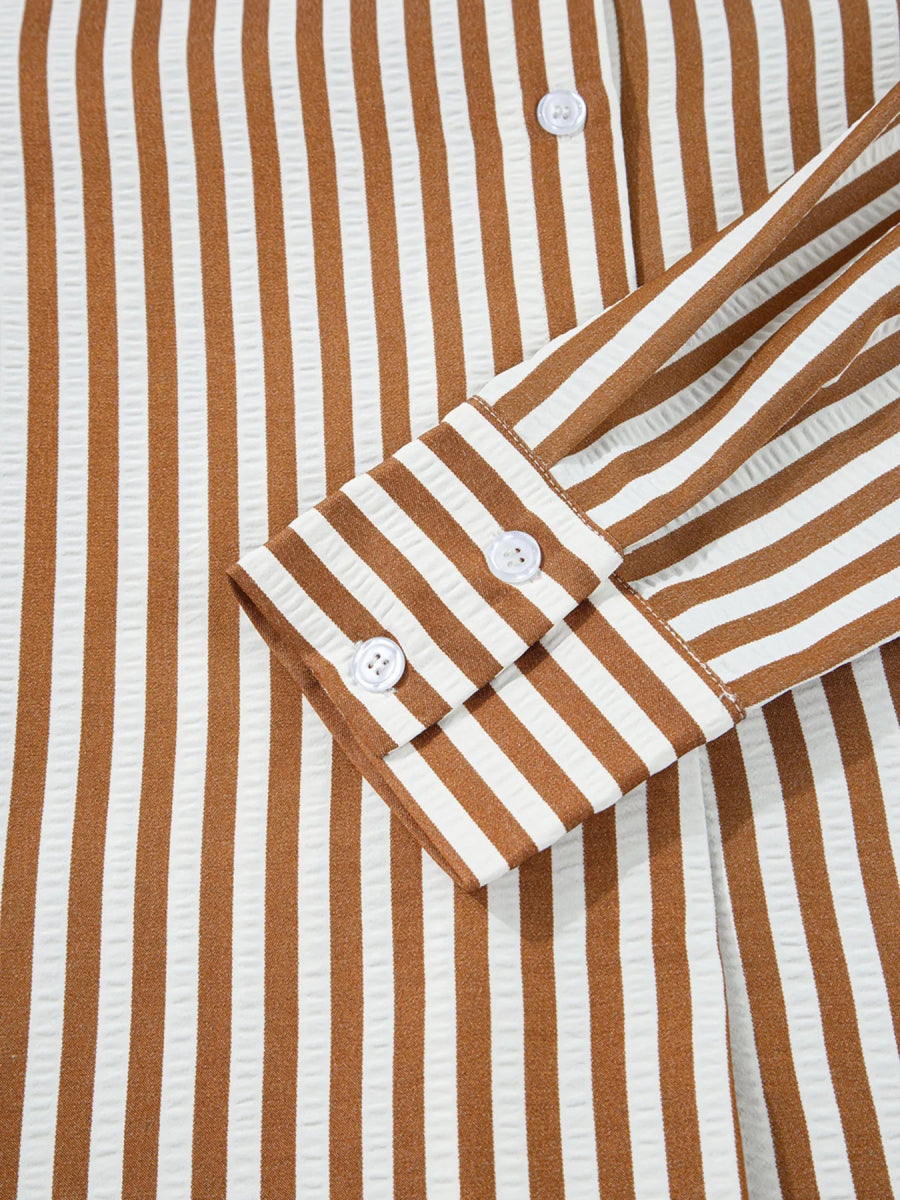 Stripe Ruffled Hem Collared Long Sleeve Shirt Mini Dress - CELIVINE