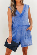 Mineral Wash Pocketed Sleeveless V Neck Loose Romper - CELIVINE