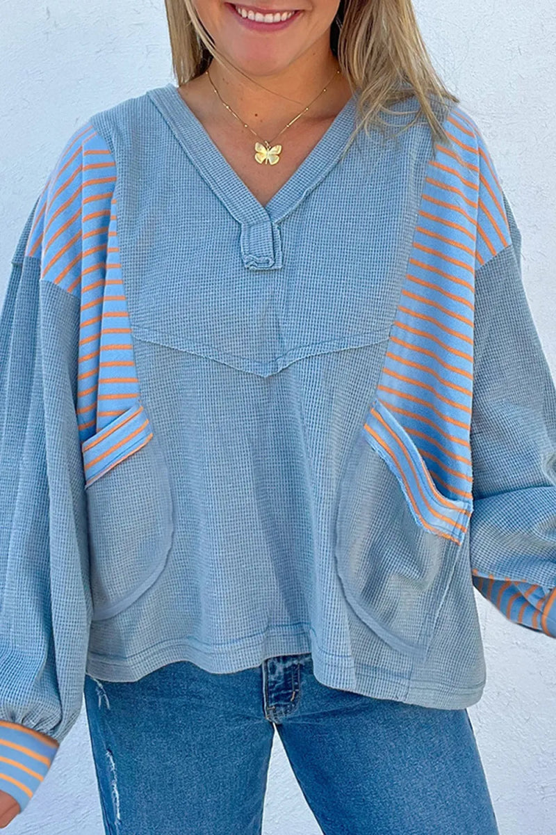 Striped Long Sleeve V - Neck Oversized Sweatshirt - CELIVINE