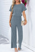 Ribbed Short Sleeve Wide Leg Jumpsuit - CELIVINE