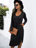 Drawstring Waist Long Sleeve Casual Dress - CELIVINE