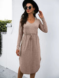Drawstring Waist Long Sleeve Casual Dress - CELIVINE