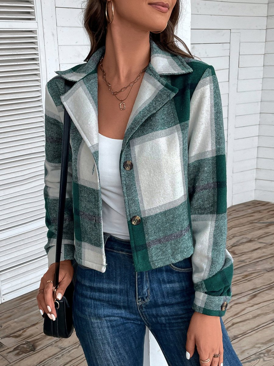 Plaid Collared Neck Button Up Long Sleeve Jacket - CELIVINE
