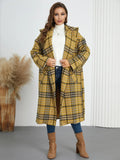Plaid Double - Breasted Long Sleeve Longline Coat - CELIVINE