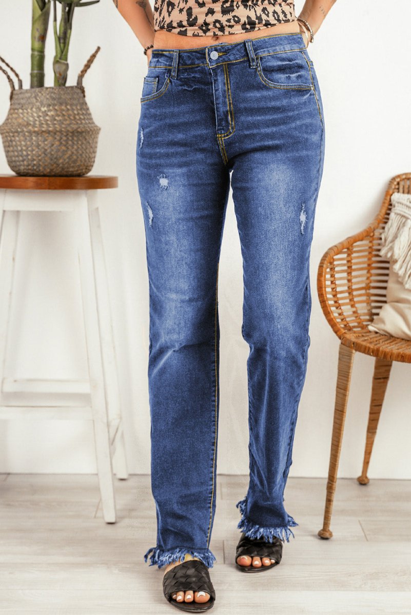 Ripped Frayed Hem Jeans - CELIVINE