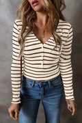 Striped V - Neck Long Sleeve Top - CELIVINE