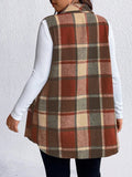 Honey Plus Size Pocketed Plaid Button Up Vest Coat - CELIVINE